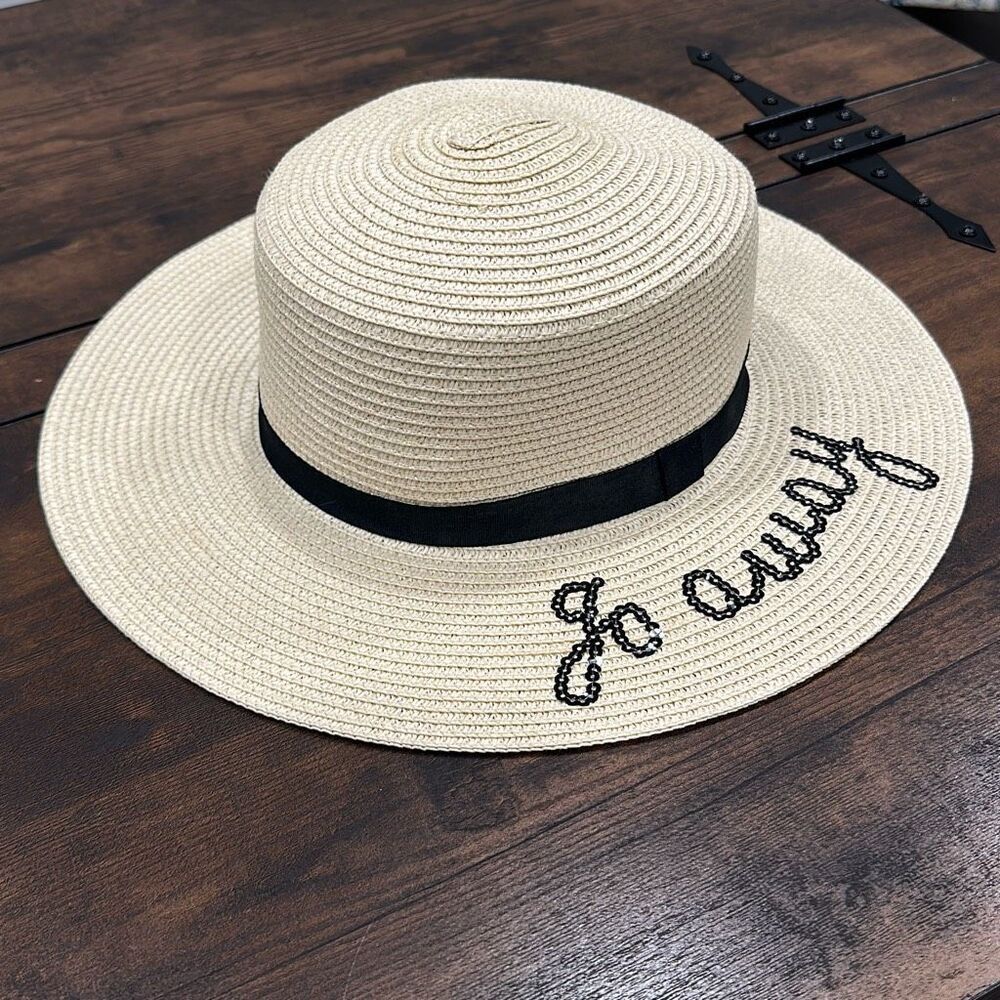 NWT ASOS Design Women's Sequined "Go Away" Wide Brim Floppy Straw Hat Beige OS